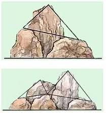 three different angles of rocks in the shape of a pyramid and an image of a mountain