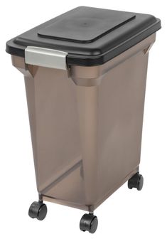 a large plastic trash can with wheels on the front and bottom, shown from the side