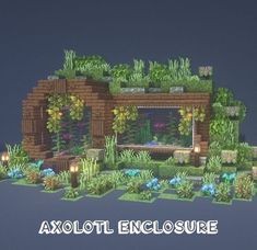 an image of a building made out of plants and rocks with the words axolot enclosure above it