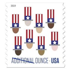 the postage stamp features patriotic hats and stars