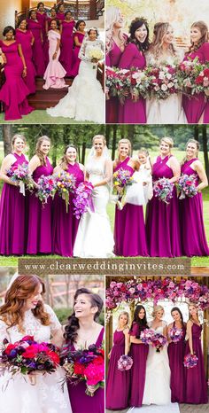 the bride and her bridal party are posing for pictures in their purple gowns