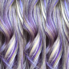 Purple Platinum Hair, Silver Hair With Purple Highlights, Purple Hair Highlights Blonde, Blonde Hair Purple Highlights, Purple Lowlights In Blonde Hair, Silver And Purple Hair, Grey Hair With Purple Highlights, Blonde Hair With Purple Streaks, Blonde Hair With Purple Highlights