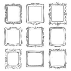 six different frames with ornate designs on them, each one drawn in black and white