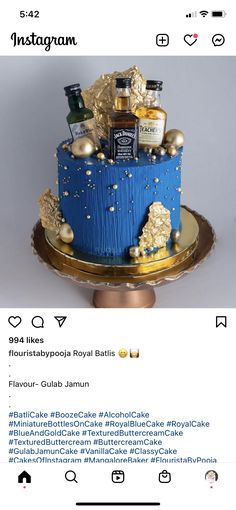 a blue cake with gold decorations on top and an instagram post about the company