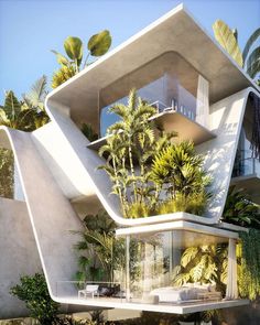 an architectural rendering of a house surrounded by palm trees and other greenery in the daytime