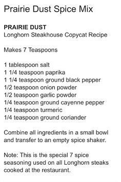 the recipe for prarie dust spice mix is shown in black and white text