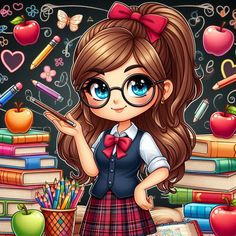 a girl with glasses is standing in front of books and pencils