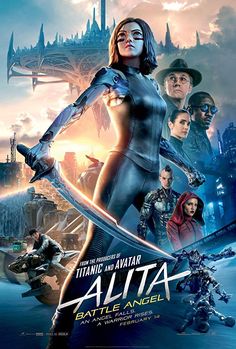 the movie poster for alita battle angel, featuring an image of a woman holding two swords