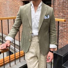 Men’s Korean Casual Slim Fit Linen Blazer Features：   	Product ID:BZ0193  	Material:Linen  	Season:Spring,Summer,Autumn,Winter  	Color:Light Green,Caramel,Ginger,Blue  Size Chat： Wedding For Men Dress, Light Green Blazer Outfit Men, Linen Blazer Men, Formal Men, Formal Men Outfit, Cycle Car