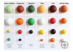 an assortment of different colored balls on a white background with the words green, orange, and red