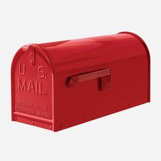 a red mailbox with the letter u s mail on it's front and side