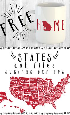 a coffee mug with the states cut files in red and white, on top of a map