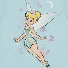 the tinkerbell fairy is flying through the sky with stars on it's back