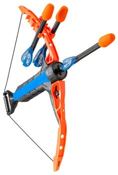 an orange and blue toy bow with two arrows attached to the handle, on a white background