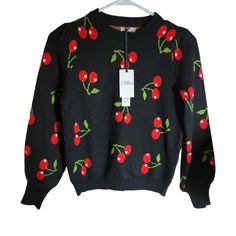 Belle Danna Cherry Sweater Nwt Size 12y 65% Viscose 35% Acrylic Cherry Sweater, Kids Shirts, Sweater Top, Black Red, Girl Birthday, Shirts Tops, Black And Red, Cherry, Red