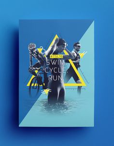 an advertisement for the swim cycle run on a blue background