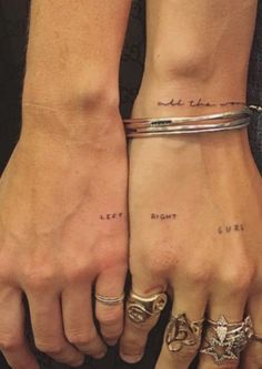 two people holding hands with tattoos on their wrists and the words left to right written in cursive writing