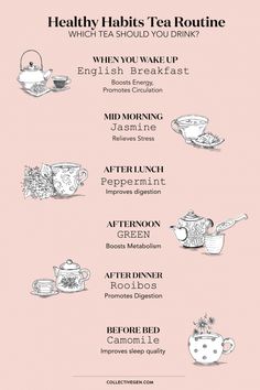 the menu for tea is shown in black and white, with illustrations on pink background