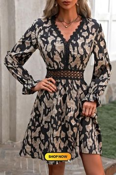 Lace Trim V Neck Dress, Elegant Long Sleeve Cut Out Dress For Spring & Fall Fall A-line Dress With Lace Trim, V-neck Mini Dress With Lace Trim For Fall, Fall V-neck Dress With Lace Trim, Long Sleeve Cut Out Dress, Dress Elegant Long, Dress For Spring, Cut Out Dress, Mini Dress Casual, Out Dress