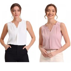 Made from a lightweight and comfortable chiffon fabric, this blouse allows air circulation to ensure maximum breathability and comfort. The basic but classic design makes this shirt never out of style. It can be matched with a variety of styles of bottoms. This sleeveless blouse tank shows off a slimmer elegant fashionable look that goes great with business attire such as a hip-hugging skirt, wide-leg pants, suit pants, and high heels. Whether you're dressing up for the office, heading out for a night on the town or just lounging around with friends, this versatile blouse is sure to become a staple in your wardrobe. Pink V-neck Chiffon Top, Solid Chiffon Tops For Work, Chiffon V-neck Top For Work, Casual Chiffon Tops For Office, Feminine Chiffon Top For Work, Elegant Sleeveless Chiffon Blouse, Elegant Sleeveless Chiffon Top, Pink Tank Top For Summer Workwear, White Chiffon Top For Work