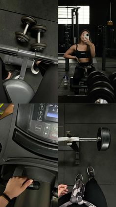 a woman sitting on top of a bench next to a barbell machine in a gym