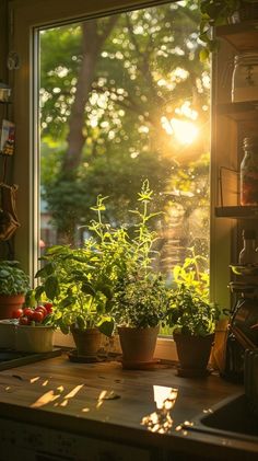 the sun shines through an open window on a kitchen counter with potted plants