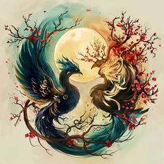 two birds sitting on top of a tree branch next to a full moon with red flowers