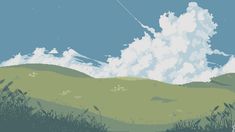 the sky is filled with clouds and green grass, as if it were in an animated style