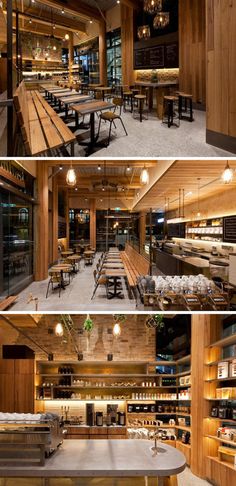 the inside of a restaurant with tables and benches