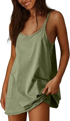 Womens Casual Summer Sleeveless Mini Sundress Spaghetti Strap Short Dresses with Pockets 2024, free people dress, summer clothes, cute clothes, casual look, lounge, comfy, workout, golf, errands, womens fashion Tennis Dresses, Sports Jumpsuit, Womens Tennis Dress, Athletic Dresses, Solid Color Jumpsuits, Golf Dresses, Athletic Dress, Green Jumpsuit, Womens Tennis