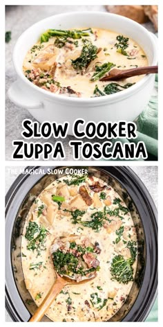 slow cooker zuppa toscana with spinach, mushrooms and broccoli