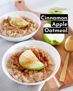 two white bowls filled with oatmeal topped with sliced apples