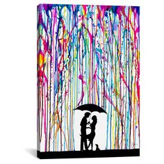 a couple under an umbrella in the rain with colorful paint splatters on it