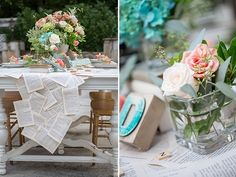 two pictures of flowers in vases and books on the table, one is empty