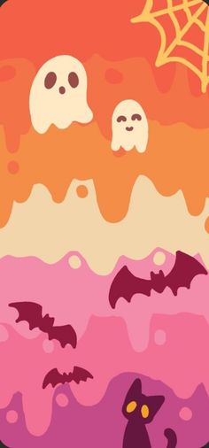 an image of halloween scene with ghostes and bats in the sky on orange, pink, yellow and purple background