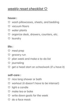 let’s get organized and ready to take on the week! 🧹      #organization #reset Productive Weekly Schedule, How To Get More Organized Life, Getting Ready List, Weekly Things To Do, Weekly Reset Routine Checklist, Being More Organized, How To Plan Out Your Week, Room Reset Checklist