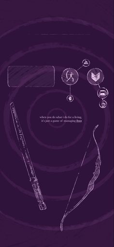 a purple poster with an arrow and other items