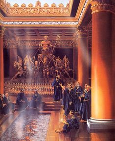 a painting of men in robes sitting on the floor next to a fountain and statues