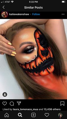 Pumpkin Head Makeup, Half Pumpkin Face Makeup, Halloween Makeup Scary Doll, Cute Pumpkin Makeup, Pumpkin Makeup Looks, Pumpkin Eye Makeup, Pumpkin Face Makeup, Pumpkin Eyeshadow, Pumpkin Makeup Ideas