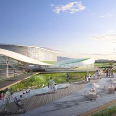 an artist's rendering of a boardwalk with people walking and sitting