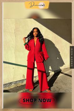 Solid Color Pleated Shirts Wide Leg Pants Outfits Loose Long Sleeve Shirt, Style Wide Leg Pants, Wide Leg Pants Outfits, Wide Leg Pant Suit, Leg Pants Outfit, Loose Long Sleeve, Pants Outfits, Pants Outfit, Fashion Pants