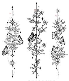 four different flowers and butterflies with arrows pointing up to the left, one in black and white