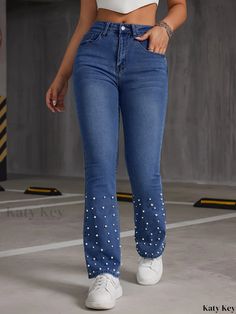 Katykey - Chic Blue Faux Pearl Embellished Flare Jeans with High Stretch, Slant Pockets, and High Waist Bell Bottom Design - Premium Womens Denim Apparel Casual Embellished Jeans For Party, Casual Embellished Party Jeans, Bottom Design, Womens Denim, Bell Bottom, Bell Bottoms, Denim Women, Flare Jeans, Faux Pearl