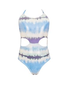 Our captivating little girl's one-piece swimsuit, features eye-catching shades of blue in a trendy tie-dye stripe print. This classic one-piece design is elevated with a chic side cut-out, adding a fashionable twist. The suit is complete with adjustable crisscross ties at the neck, ensuring a perfect fit and stylish flair. Cutout One Piece, Trendy Suits, Lace Outfit, Swimming Outfit, Kids Swimwear, Dress Cover, Suit Shop, Stripe Print, Shades Of Blue