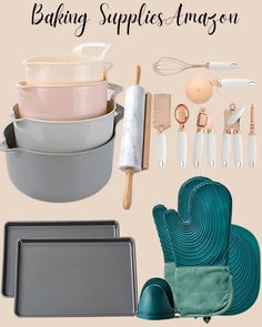 baking supplies and utensils are arranged on a beige background