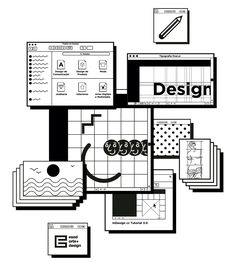 a black and white image of a computer screen with the word design on it's side