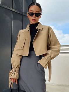 DAZY Buckle Raglan Sleeve Epaulettes Design Crop Trench Coat | SHEIN USA Casual Trench Coat, Short Trench Coat, Night Outfits, Trench Coats, Grey Fashion