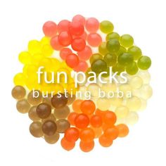 various colored candies are arranged in a circle on a white background with the words fun packs bursting boba