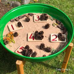 a sand tray with pine cones and numbers in it