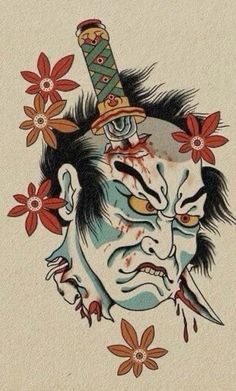 a drawing of a demon with flowers on his head